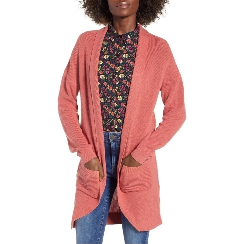 BP. Nordstrom Stitch Curve Hem Cardigan Coral XXS